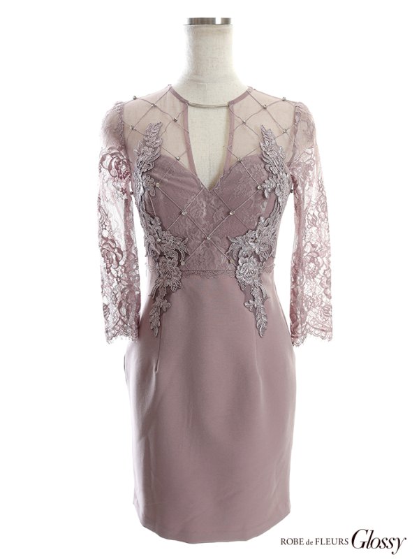 画像9: XSサイズあり【Glossy/グロッシー】長袖/ フラワーレース/ ブロックチュール/ バストカット/ タイト/ ミニドレス/ キャバドレス【HC02】