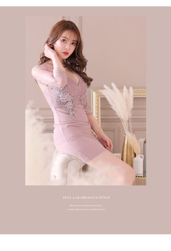 画像2: XSサイズあり【Glossy/グロッシー】長袖/ フラワーレース/ ブロックチュール/ バストカット/ タイト/ ミニドレス/ キャバドレス[OF2]
