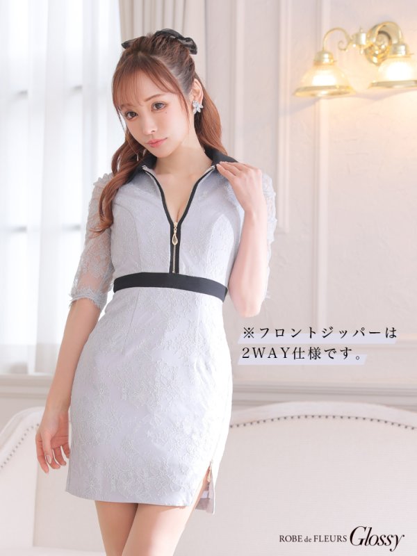 画像2: XSサイズあり【ROBE de FLEURS Glossy/ローブ・ド・フルール グロッシー】フロントジップ/ ZIP ストレッチ/ レース五分袖/ 長袖/ 袖あり/ レーススリーブ/ タイト/ ミニドレス/ キャバドレス[OF2]