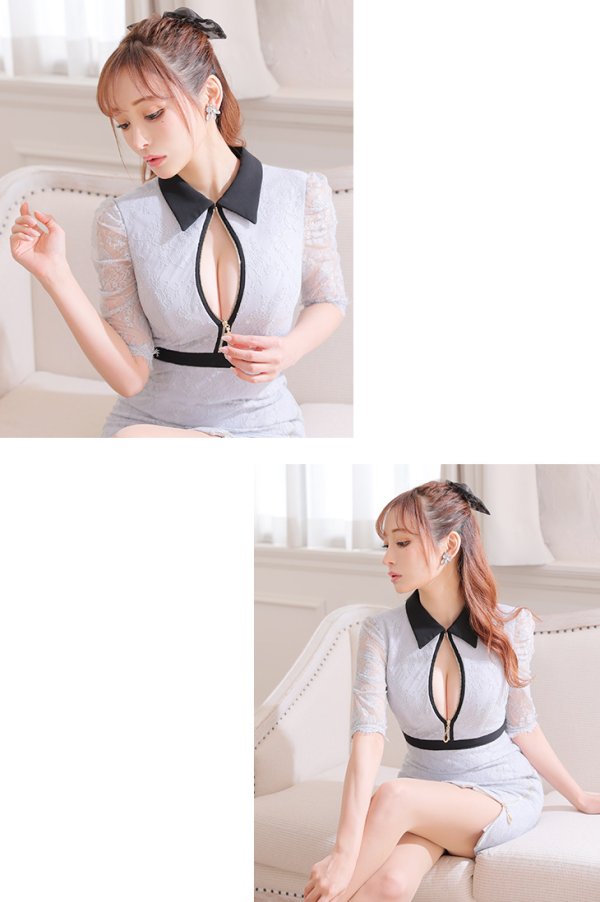 画像7: XSサイズあり【Glossy/グロッシー】フロントジップ/ ZIP ストレッチ/ レース五分袖/ 長袖/ 袖あり/ レーススリーブ/ タイト/ ミニドレス/ キャバドレス【HC02】