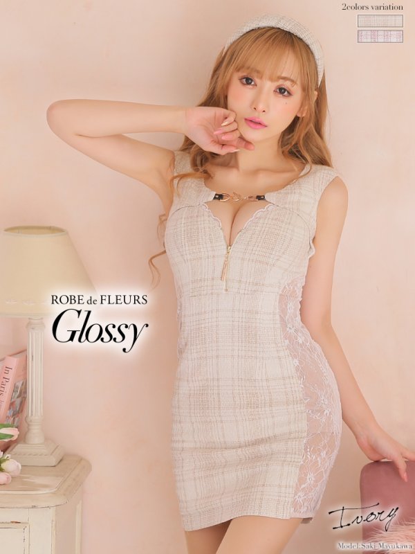 sugarコラボ商品☆【XS-Lサイズあり】【ROBE de FLEURS Glossy/ローブ・ド・フルール グロッシー】ラメツイード/ フロントロックデザイン/ ジップ/タイト/ ミニドレス/ キャバドレス アイボリー