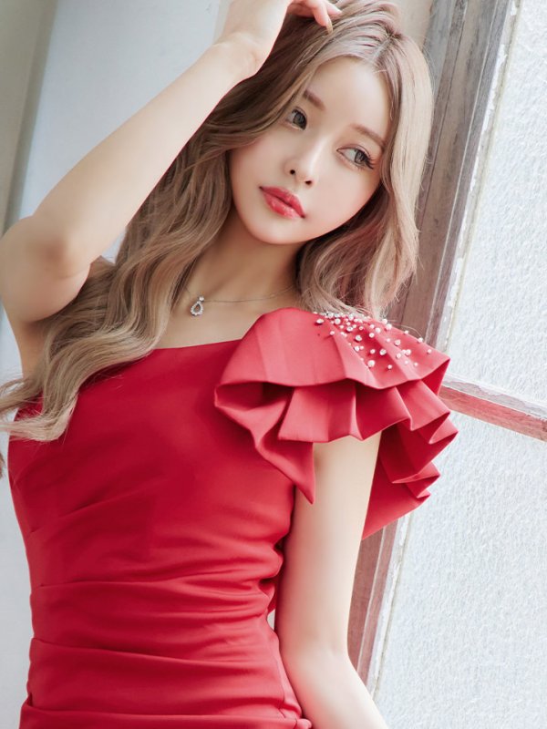 画像5: 【JEAN MACLEAN/ジャンマクレーン】ワンショル/ フリル/ ドレープ/ タック/ タイト/ 膝丈/ ミディアムドレス/ キャバドレス【HC02】