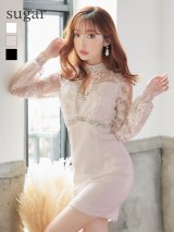 Lサイズあり☆【IRMA/イルマ】長袖/ 袖あり/ パフスリーブ/ レース/ 刺繍/ カットアウト/ ビジュー/ タイト/ ミニドレス/ キャバドレス【HC02】