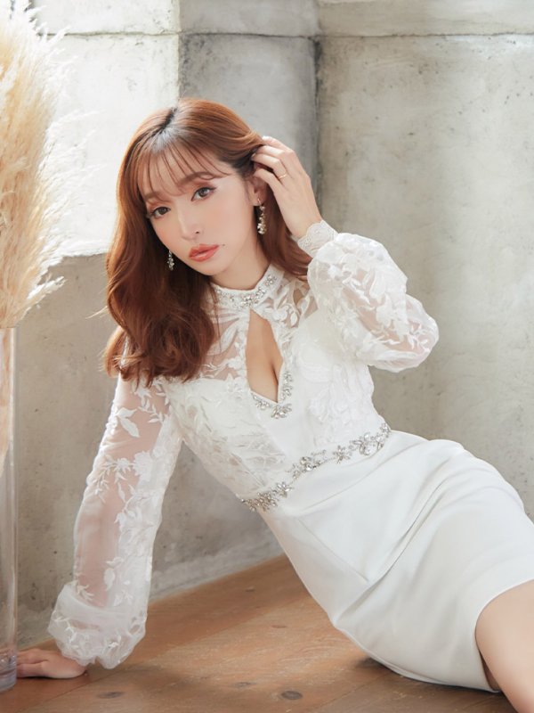 画像8: Lサイズあり☆【IRMA/イルマ】長袖/ 袖あり/ パフスリーブ/ レース/ 刺繍/ カットアウト/ ビジュー/ タイト/ ミニドレス/ キャバドレス【HC02】