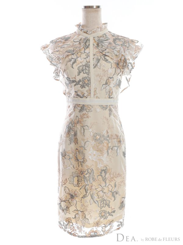 画像12: Lサイズあり【DEA./ディア】フラワーレース / フリル袖/ タイト/ ひざ丈/ ミディアムドレス/ ワンピース/ キャバドレス【OF08】