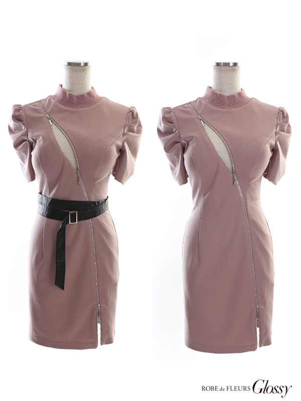 画像13: XSサイズあり【Glossy/グロッシー】バストカット/ ジップ/ ZIP ベルト付き/ 半袖/ パフスリーブ/ タイト/ ミニドレス/ キャバドレス【HC02】