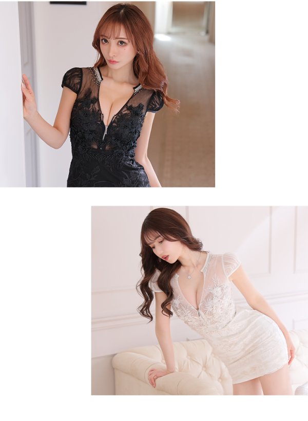 画像2: XSサイズあり【ROBE de FLEURS Glossy/ローブ・ド・フルール グロッシー】フロントジップ/ ZIP 刺繍レース/ 袖あり/ ストレッチ/ タイト/ ミニドレス/ キャバドレス[OF2]