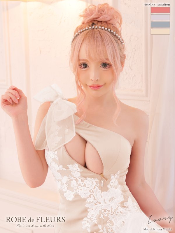 画像2: XSサイズあり【ROBE de FLEURS/ローブドフルール】ジップ / ZIP/ シフォンリボン/ ワンショル/ サイドシアー/ タイト/ レースクリスタルドレス/ ミニドレス/ キャバドレス[OF2]