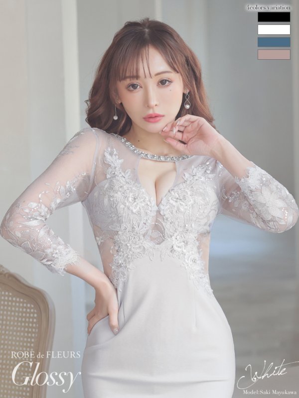 画像2: XS-Lサイズあり【ROBE de FLEURS Glossy/ローブ・ド・フルール グロッシー】アメスリ/ ビジュー/ 刺繍レース/ サイドシアー/ チュールスリーブ/ 長袖/ 袖あり/ アシメ/ タイト/ ミニドレス/ キャバドレス[OF2]
