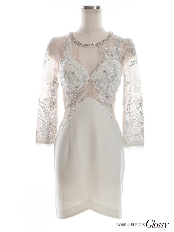 画像26: XSサイズあり【Glossy/グロッシー】アメスリ/ ビジュー/ 刺繍レース/ サイドシアー/ チュールスリーブ/ 長袖/ 袖あり/ アシメ/ タイト/ ミニドレス/ キャバドレス【HC02】