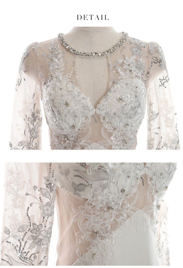 画像30: XSサイズあり【Glossy/グロッシー】アメスリ/ ビジュー/ 刺繍レース/ サイドシアー/ チュールスリーブ/ 長袖/ 袖あり/ アシメ/ タイト/ ミニドレス/ キャバドレス【HC02】