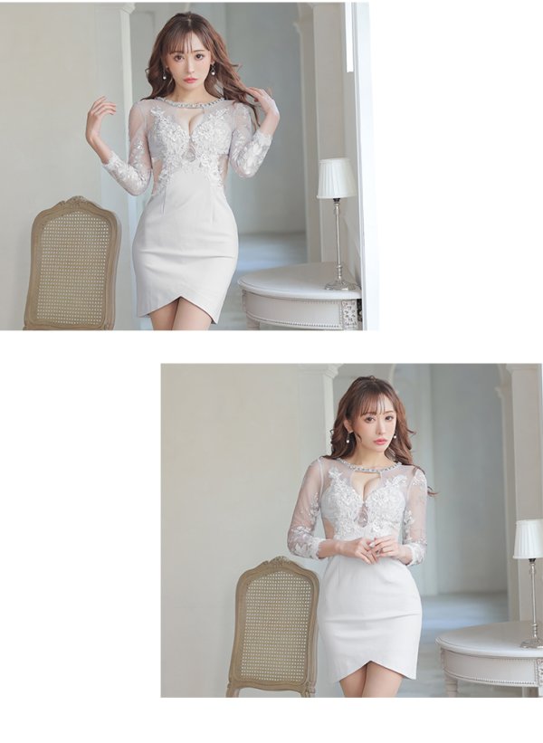 画像6: XS-Lサイズあり【Glossy/グロッシー】アメスリ/ ビジュー/ 刺繍レース/ サイドシアー/ チュールスリーブ/ 長袖/ 袖あり/ アシメ/ タイト/ ミニドレス/ キャバドレス【HC02】