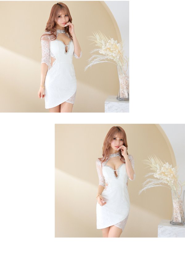 画像3: XSサイズあり【Glossy/グロッシー】アメスリ/ ビジュー/ レース/ サイドシアー/ 七分袖/ 袖あり/ アシメ/ タイト/ ミニドレス/ キャバドレス【HC02】