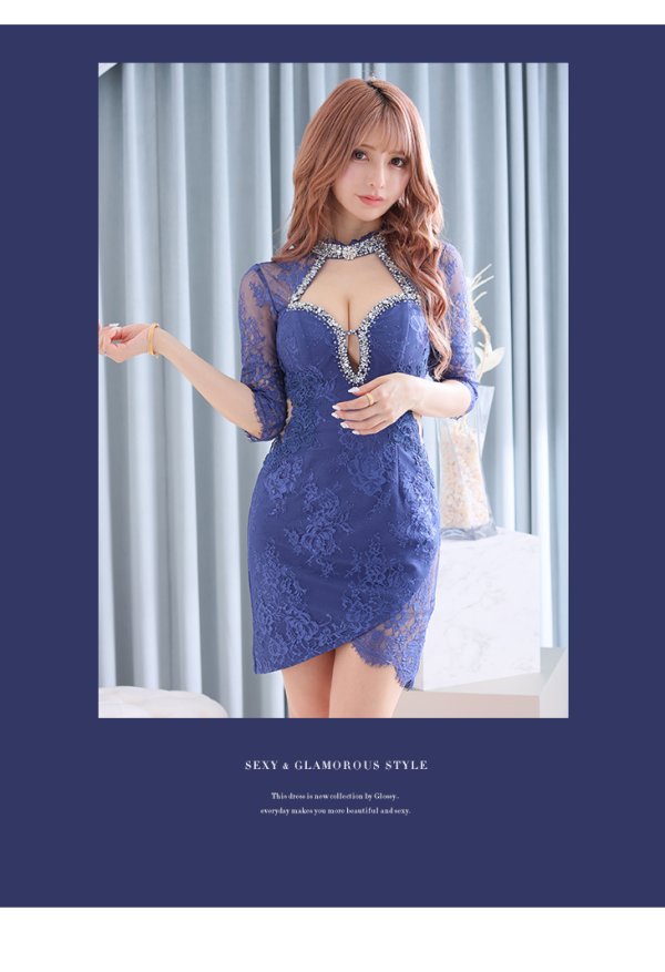 画像2: XSサイズあり【ROBE de FLEURS Glossy/ローブ・ド・フルール グロッシー】アメスリ/ ビジュー/ レース/ サイドシアー/ 七分袖/ 袖あり/ アシメ/ タイト/ ミニドレス/ キャバドレス[OF2]