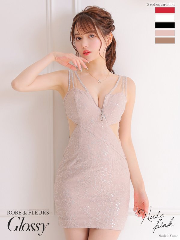 画像1: XSサイズあり☆【ROBE de FLEURS Glossy/ローブ・ド・フルール グロッシー】フロントジップ/ バックチュール/ 総レース/ ノースリーブ/ タイト/ ミニドレス/ キャバドレス[OF2]
