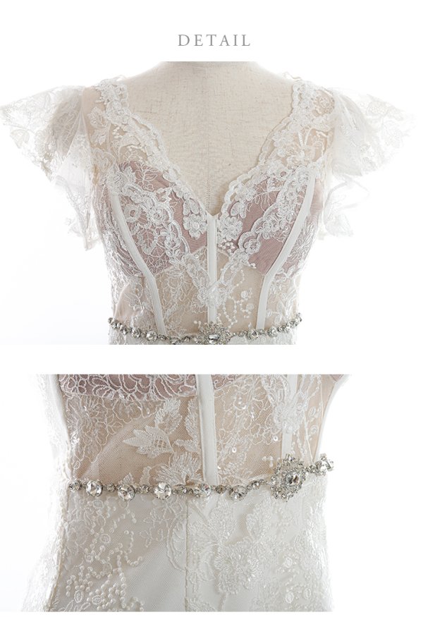 画像13: XS?Lサイズあり【ROBE de FLEURS/ローブドフルール】ウエストビジュー/ シースルーレース/ フリルスリーブ/ 台形スカート/ ミニドレス/ キャバドレス ピンク[OF08]