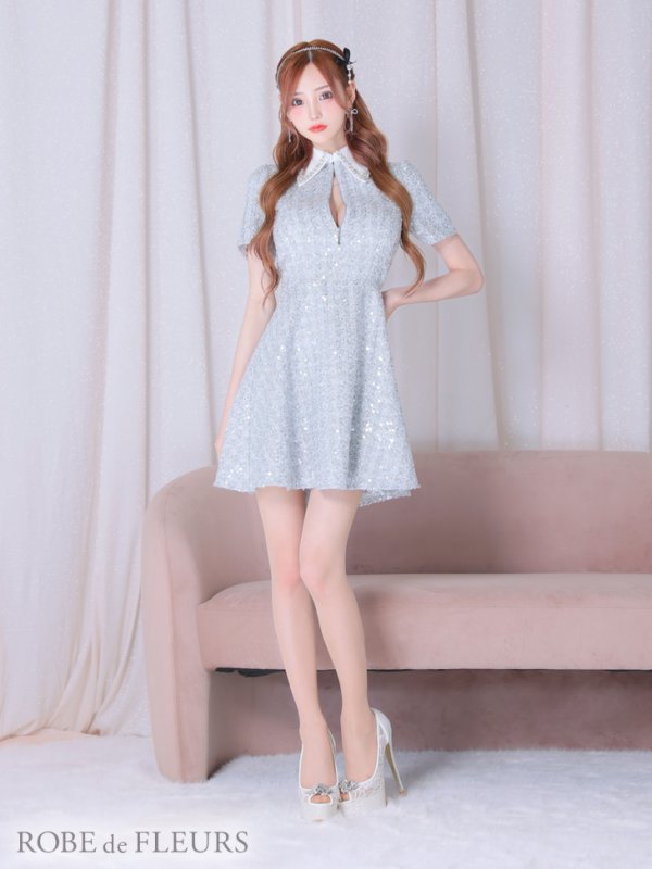 画像7: XSサイズあり【ROBE de FLEURS/ローブドフルール】ツイード/ 襟付きジップ/ フレア/ ミニドレス/ キャバドレス[OF08]