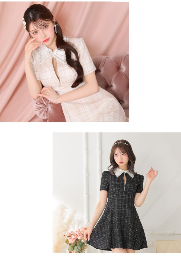 画像15: XSサイズあり【ROBE de FLEURS/ローブドフルール】ツイード/ 襟付きジップ/ フレア/ ミニドレス/ キャバドレス[OF08]