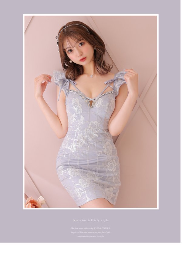 画像7: XSサイズあり【ROBE de FLEURS/ローブドフルール】リボン/ 格子柄/ フリル/ フラワーレース/ ビジュー/ タイト/ ミニドレス/ キャバドレス[OF08]