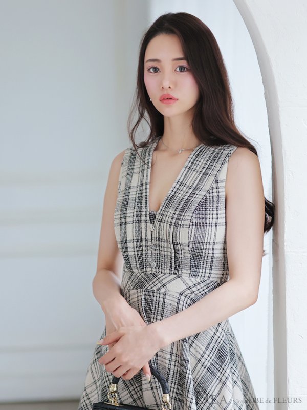 画像3: Lサイズあり【DEA./ディア】チェックプリント/ ツイード/ ノースリーブ/ 膝丈/ Aライン/ フレア/ ワンピース/ ミディアムドレス/ キャバドレス【OF08】