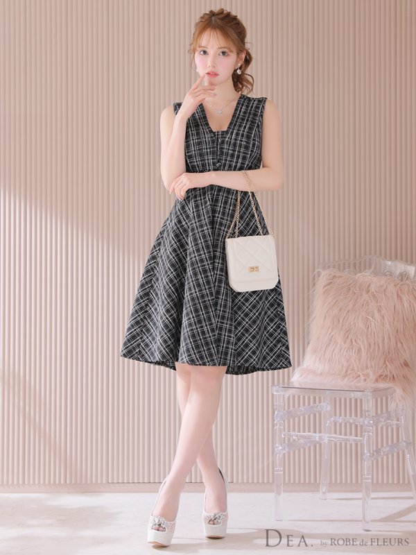 画像5: Lサイズあり【DEA./ディア】チェックプリント/ ツイード/ ノースリーブ/ 膝丈/ Aライン/ フレア/ ワンピース/ ミディアムドレス/ キャバドレス【OF08】