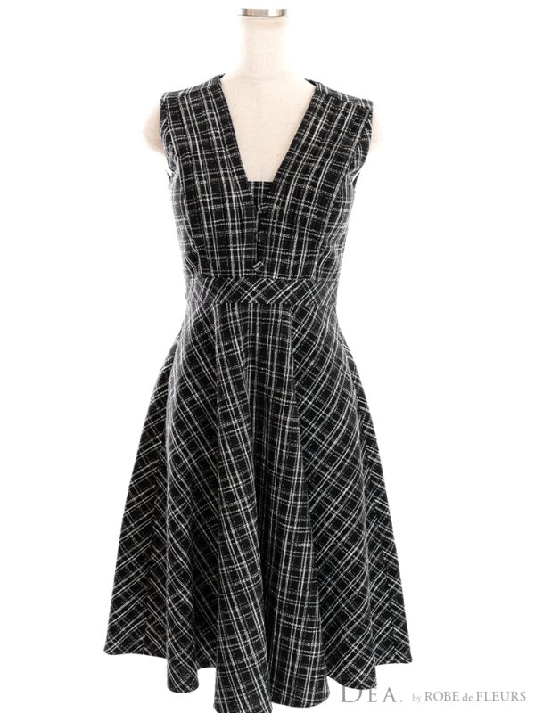 画像12: Lサイズあり【DEA./ディア】チェックプリント/ ツイード/ ノースリーブ/ 膝丈/ Aライン/ フレア/ ワンピース/ ミディアムドレス/ キャバドレス【OF08】