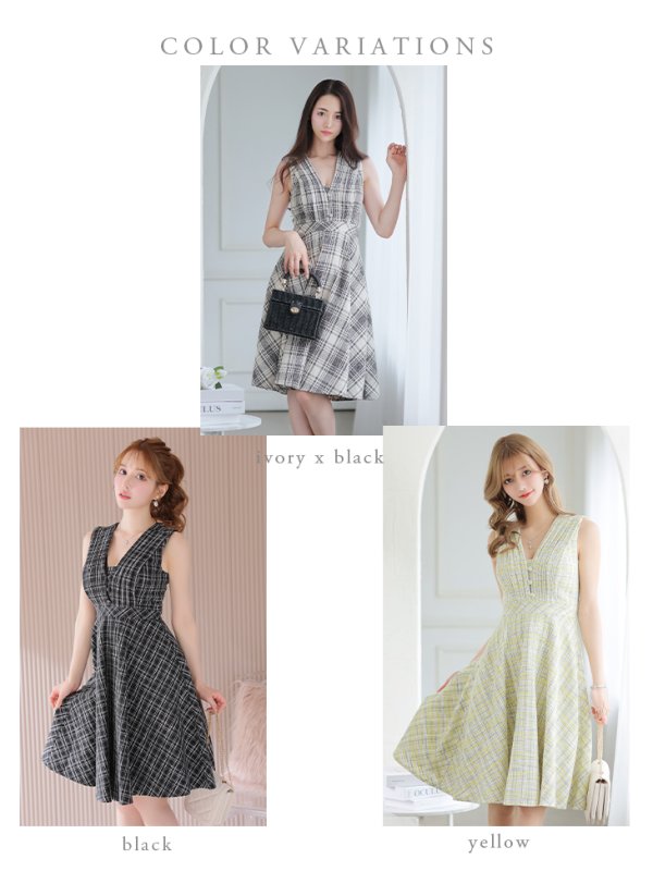 画像15: Lサイズあり【DEA./ディア】チェックプリント/ ツイード/ ノースリーブ/ 膝丈/ Aライン/ フレア/ ワンピース/ ミディアムドレス/ キャバドレス【OF08】