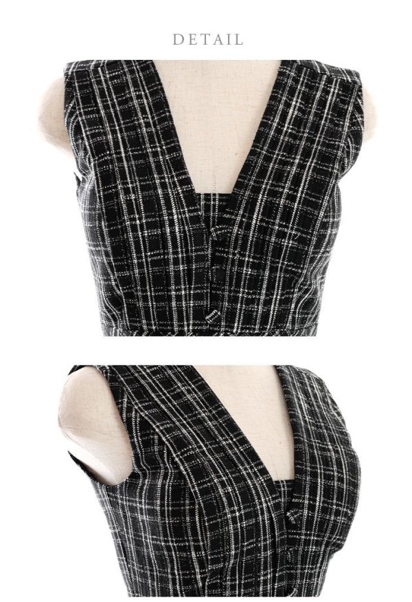 画像13: Lサイズあり【DEA./ディア】チェックプリント/ ツイード/ ノースリーブ/ 膝丈/ Aライン/ フレア/ ワンピース/ ミディアムドレス/ キャバドレス【OF08】