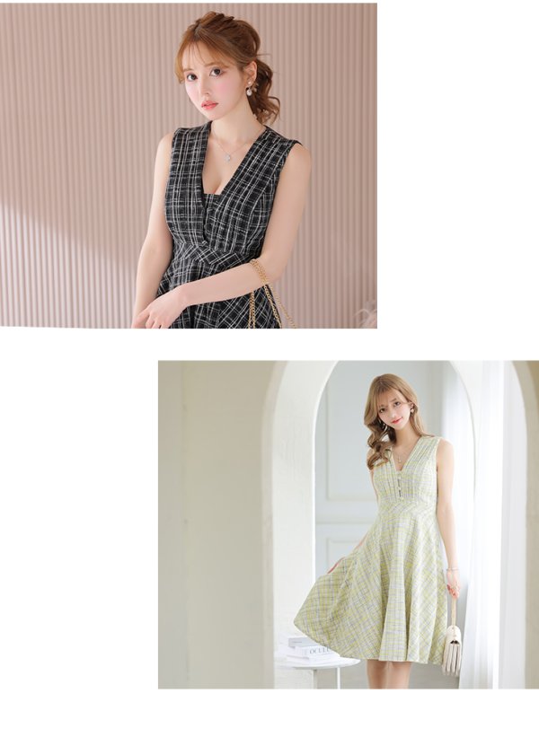 画像7: Lサイズあり【DEA./ディア】チェックプリント/ ツイード/ ノースリーブ/ 膝丈/ Aライン/ フレア/ ワンピース/ ミディアムドレス/ キャバドレス【OF08】