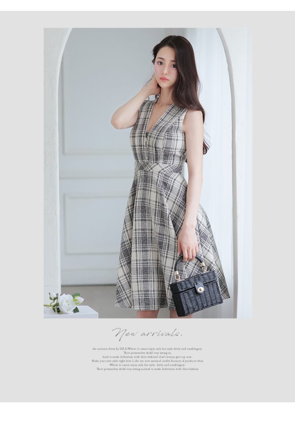 画像8: Lサイズあり【DEA./ディア】チェックプリント/ ツイード/ ノースリーブ/ 膝丈/ Aライン/ フレア/ ワンピース/ ミディアムドレス/ キャバドレス【OF08】