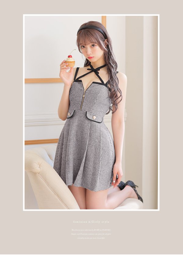 画像8: XSサイズあり【ROBE de FLEURS/ローブドフルール】ツイード/ ジップ/ リボンチョーカー/ キャミソール/ フレア/ ミニドレス/ キャバドレス[OF08]