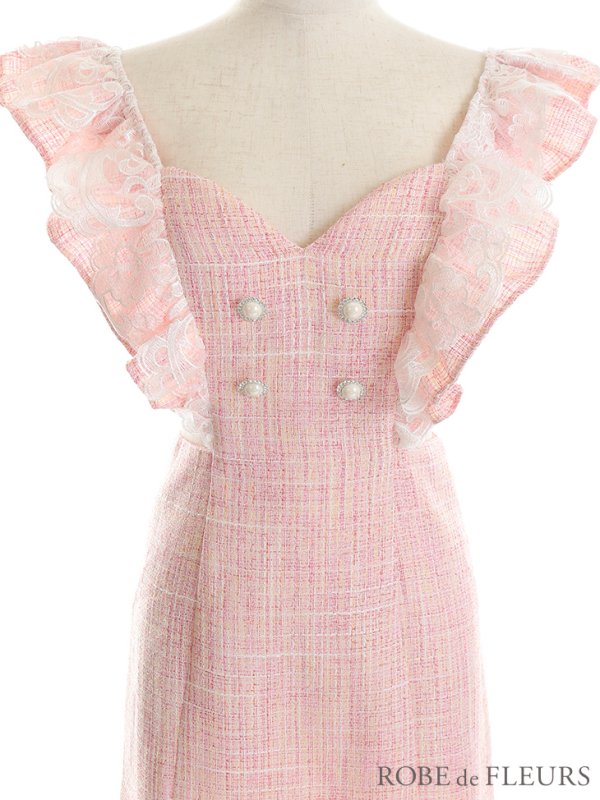 画像10: XSサイズあり【ROBE de FLEURS/ローブドフルール】ラメツイード/ レースフリル袖/ ウエストカット/ スリット/ ハートカット/ タイト/ ミニドレス/ キャバドレス[OF08]