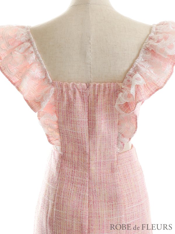 画像12: XSサイズあり【ROBE de FLEURS/ローブドフルール】ラメツイード/ レースフリル袖/ ウエストカット/ スリット/ ハートカット/ タイト/ ミニドレス/ キャバドレス[OF08]