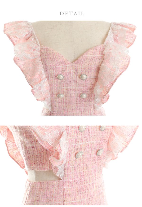 画像13: XSサイズあり【ROBE de FLEURS/ローブドフルール】ラメツイード/ レースフリル袖/ ウエストカット/ スリット/ ハートカット/ タイト/ ミニドレス/ キャバドレス[OF08]