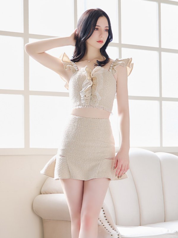 画像3: XSサイズあり【ROBE de FLEURS/ローブドフルール】スプリングツイード/ パール/ フリル/ セットアップ/ ミニドレス/ キャバドレス[OF08]