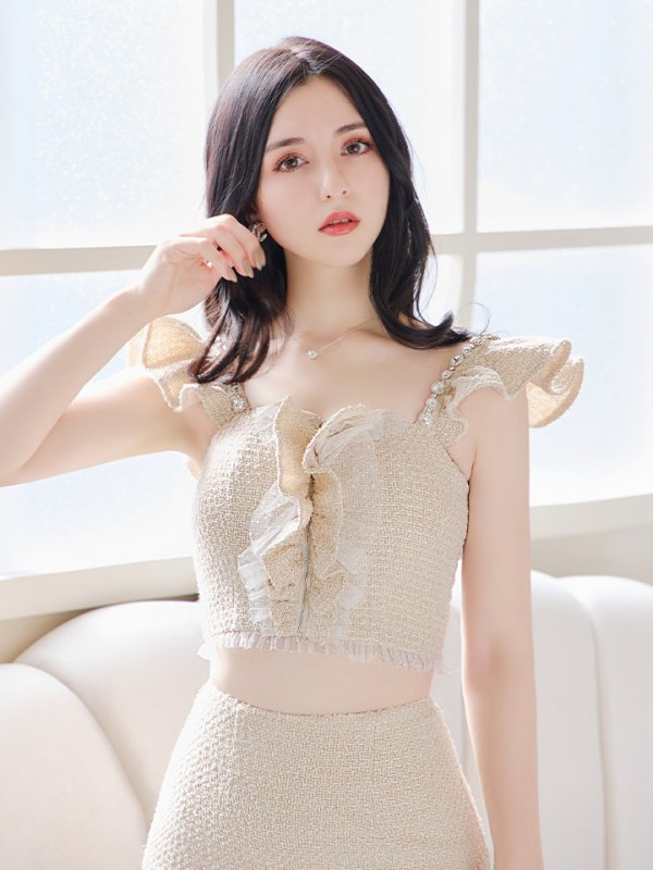 画像6: XSサイズあり【ROBE de FLEURS/ローブドフルール】スプリングツイード/ パール/ フリル/ セットアップ/ ミニドレス/ キャバドレス[OF08]