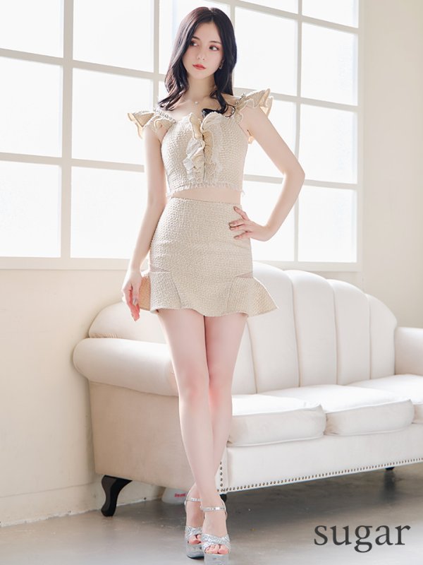 画像7: XSサイズあり【ROBE de FLEURS/ローブドフルール】スプリングツイード/ パール/ フリル/ セットアップ/ ミニドレス/ キャバドレス[OF08]