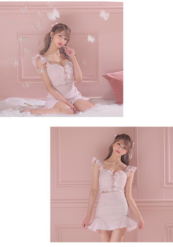 画像10: XSサイズあり【ROBE de FLEURS/ローブドフルール】スプリングツイード/ パール/ フリル/ セットアップ/ ミニドレス/ キャバドレス[OF08]