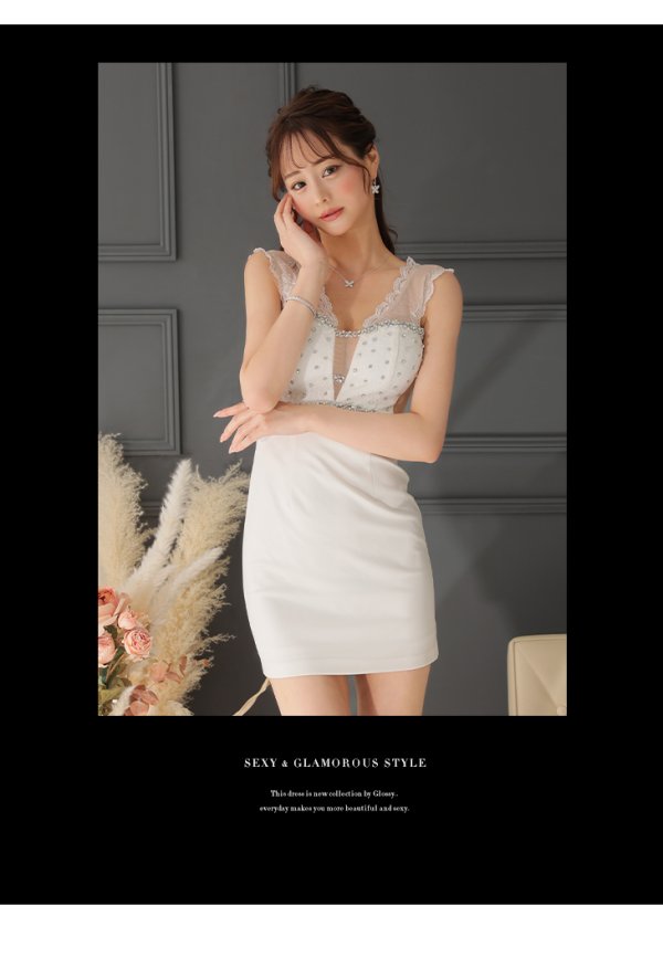 画像2: 【ROBE de FLEURS Glossy/ローブ・ド・フルール グロッシー】スパンコール付きレース/ ノースリーブ/ ストレッチ/ サイドチュール/ タイト/ ミニドレス/ キャバドレス[OF2]