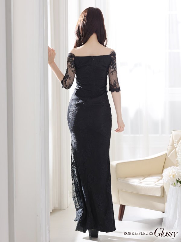 画像8: Lサイズあり【Glossy/グロッシー】ジップ/ ZIP/ オフショル/ サイドレース/ スリット/ ロングドレス/ キャバドレスlong[OF08]