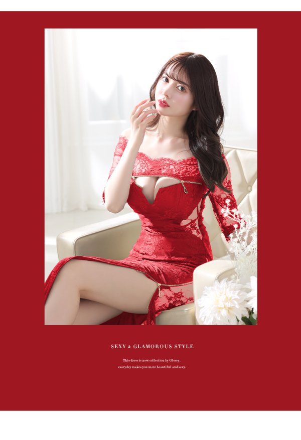 画像6: Lサイズあり【Glossy/グロッシー】ジップ/ ZIP/ オフショル/ サイドレース/ スリット/ ロングドレス/ キャバドレスlong[OF08]