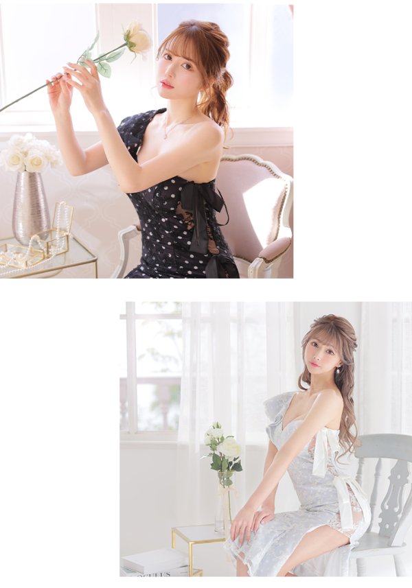 画像8: 【ROBE de FLEURS/ローブドフルール】ドットレース/ マーメイド/ リボン/ アシンメトリー/ タイト/ ひざ丈/ ミディアムドレス/ キャバドレス[OF08]