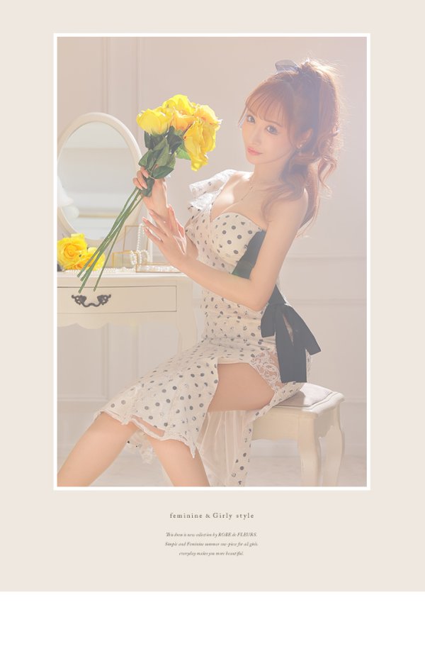 画像9: 【ROBE de FLEURS/ローブドフルール】ドットレース/ マーメイド/ リボン/ アシンメトリー/ タイト/ ひざ丈/ ミディアムドレス/ キャバドレス[OF08]