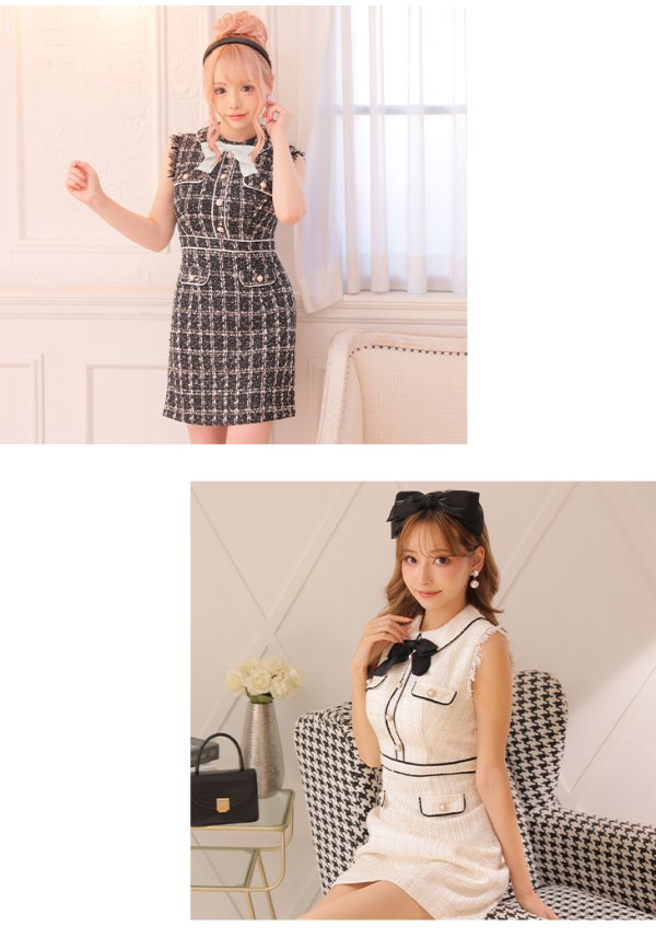 画像7: XS-Lサイズあり【ROBE de FLEURS/ローブドフルール】ツイード/ リボン/ 襟つき/ 台形スカート/ ミニドレス/ キャバドレス[OF08]