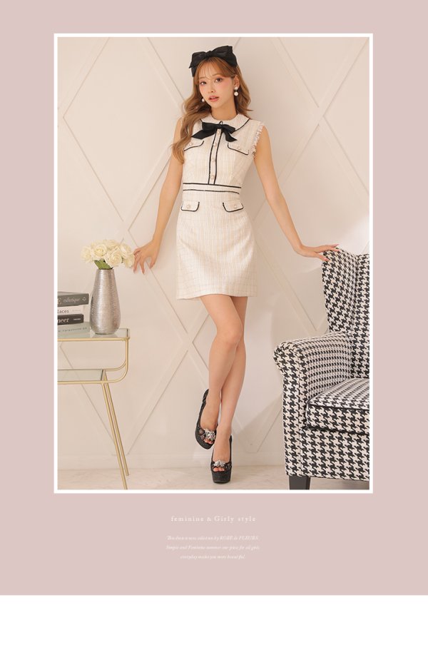 画像8: XS-Lサイズあり【ROBE de FLEURS/ローブドフルール】ツイード/ リボン/ 襟つき/ 台形スカート/ ミニドレス/ キャバドレス[OF08]