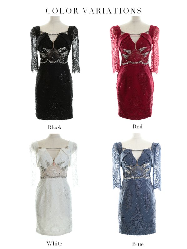 画像29: 即日発送中!【Glossy/グロッシー】レーススリーブ/ 七分袖/ 長袖/ 袖あり/ ウエストシースルー/ ジップ/ タイト/ ミニドレス/ キャバドレス【HC02】