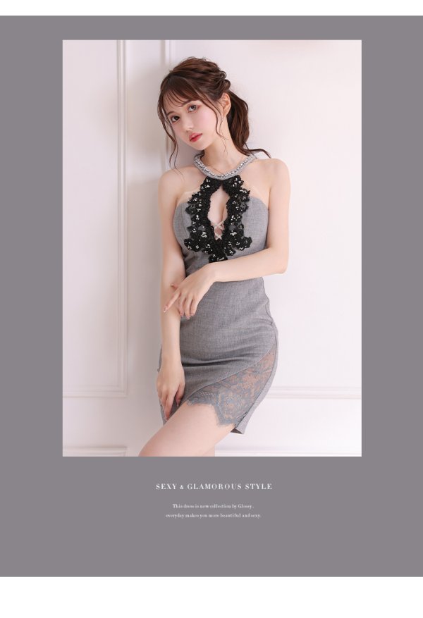 画像2: XSサイズあり【ROBE de FLEURS Glossy/ローブ・ド・フルール グロッシー】ホルターネック/ アメスリ/ バストフラワーモチーフ/ ストレッチ/ タイト/ ミニドレス/ キャバドレス[OF2]