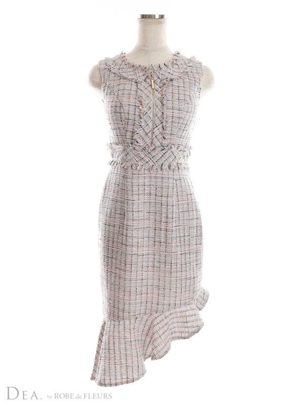 画像12: XS-Lサイズあり【DEA./ディア】マーメイド/ ラメツイード/ アシンメトリーフリル/ フロントジップ/ ミディアムドレス/ キャバドレス【OF08】