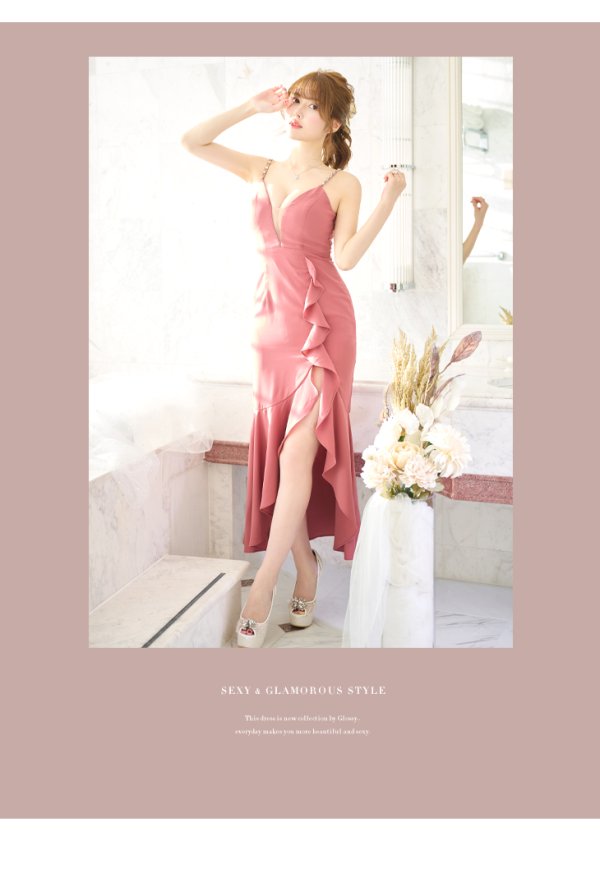 画像9: 【Glossy/グロッシー】マーメイド/ バックレースアップ/ キャミ/ ビジュー/ アシンメトリーフリル/ タイト/ マキシ丈/ キャバドレス【HC02】