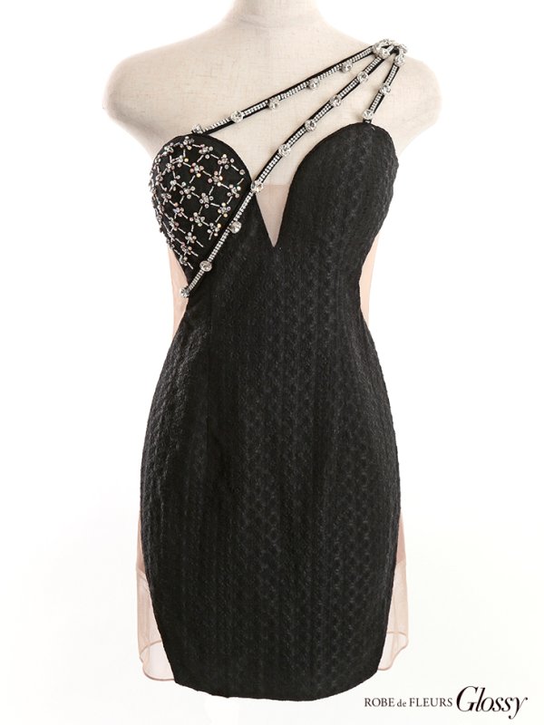 画像4: 【Glossy/グロッシー】ワンショルダー/ アシンメトリー/ ビジュー/ ストレッチ/ シアー/ タイト/ ミニドレス/ キャバドレス【OF08】